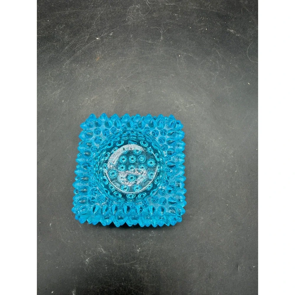 Blue Hobnail Glass Candle Holder Square‎ Turquoise Trinket Dish Vintage Style